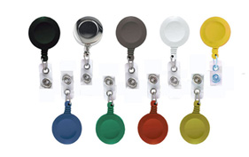 BRADY PEOPLE ID, DARK BLUE ROUND BADGE REEL WITH CLEAR VINYL STRAP AND BELT CLIP, CORD LENGTH 34